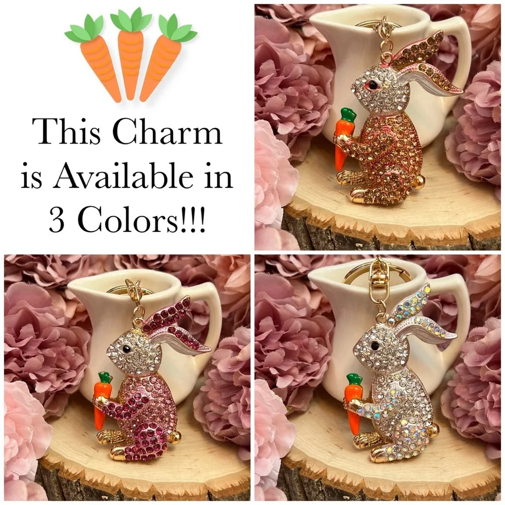 Champagne and Silver Crystal Bunny Rabbit with Carrot Keychain Charm - Picture 15 of 16